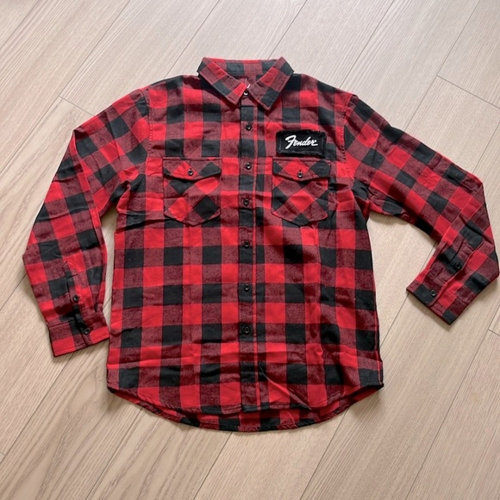 NWT Fender Red Black Flannel Long Sleeve Button-Up Shirt Size L Guitar Shacket